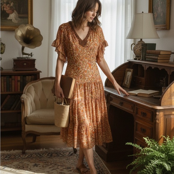 Adrianna Papell Dresses & Skirts - Adrianna Papell Orange and Brown Midi Dress vintage Size 6 100% Silk & poliéster